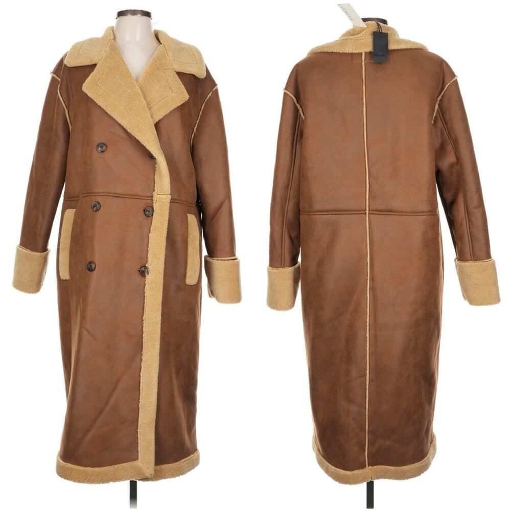 NWT BlankNYC Faux Shearling Long Coat Brown Vegan Leather L